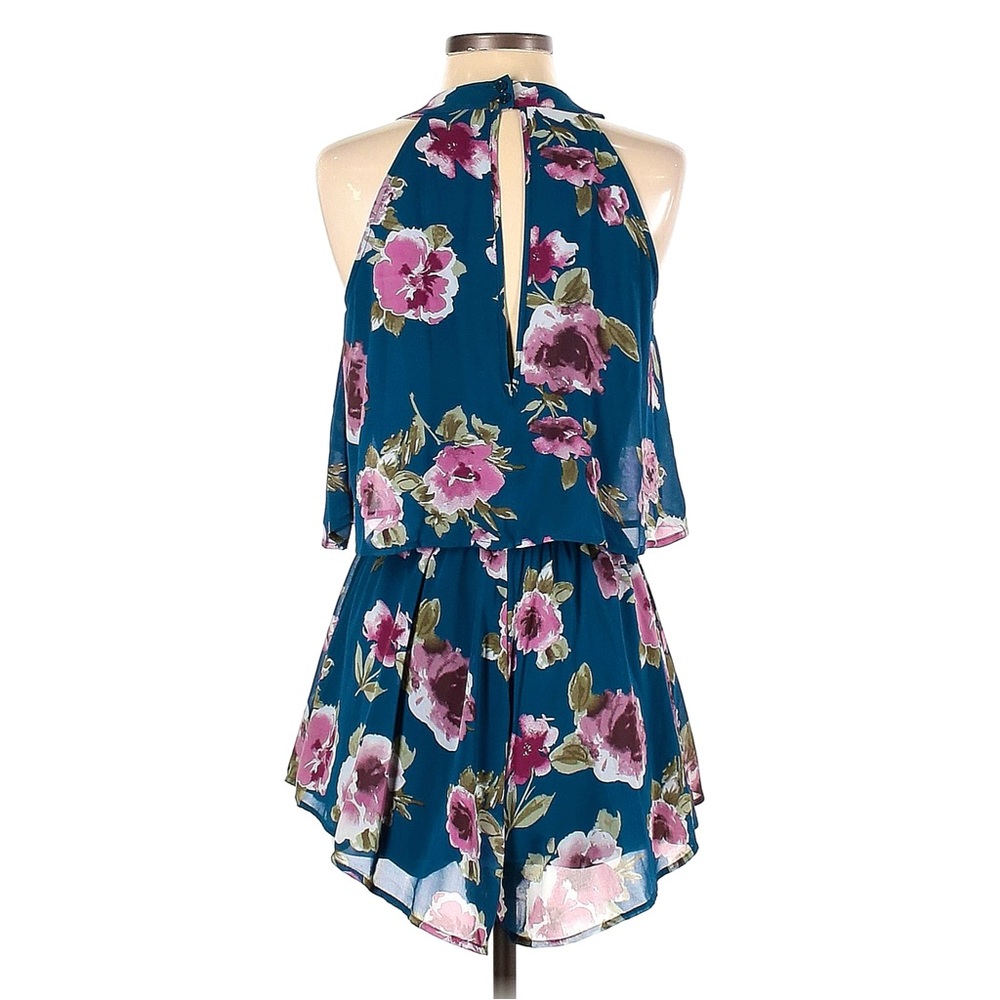 Peach Love California Blue Floral Print High Waisted Halter Neck Chiffon Romper - Picture 3 of 16